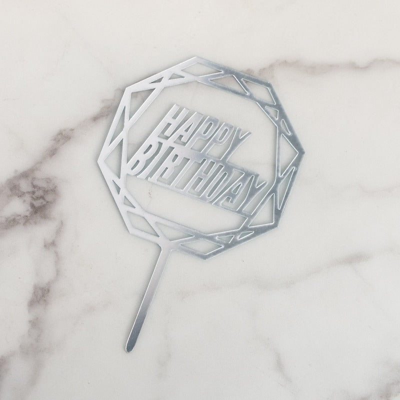 Hexagon Silver Cake Topper - Happy Birthday Cake Toppers June Trading