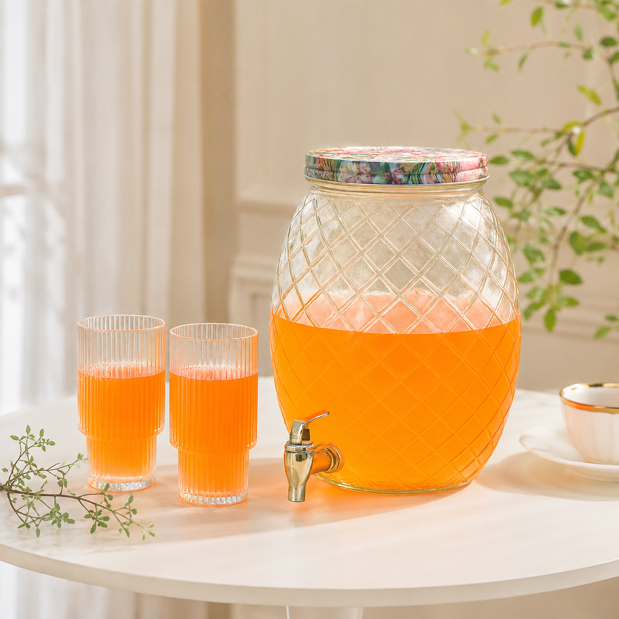 Floral Diamond-Cut Glass Drink Dispenser