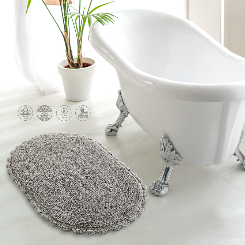 Reversible Oval Shaped Bathroom Rug (Grey)