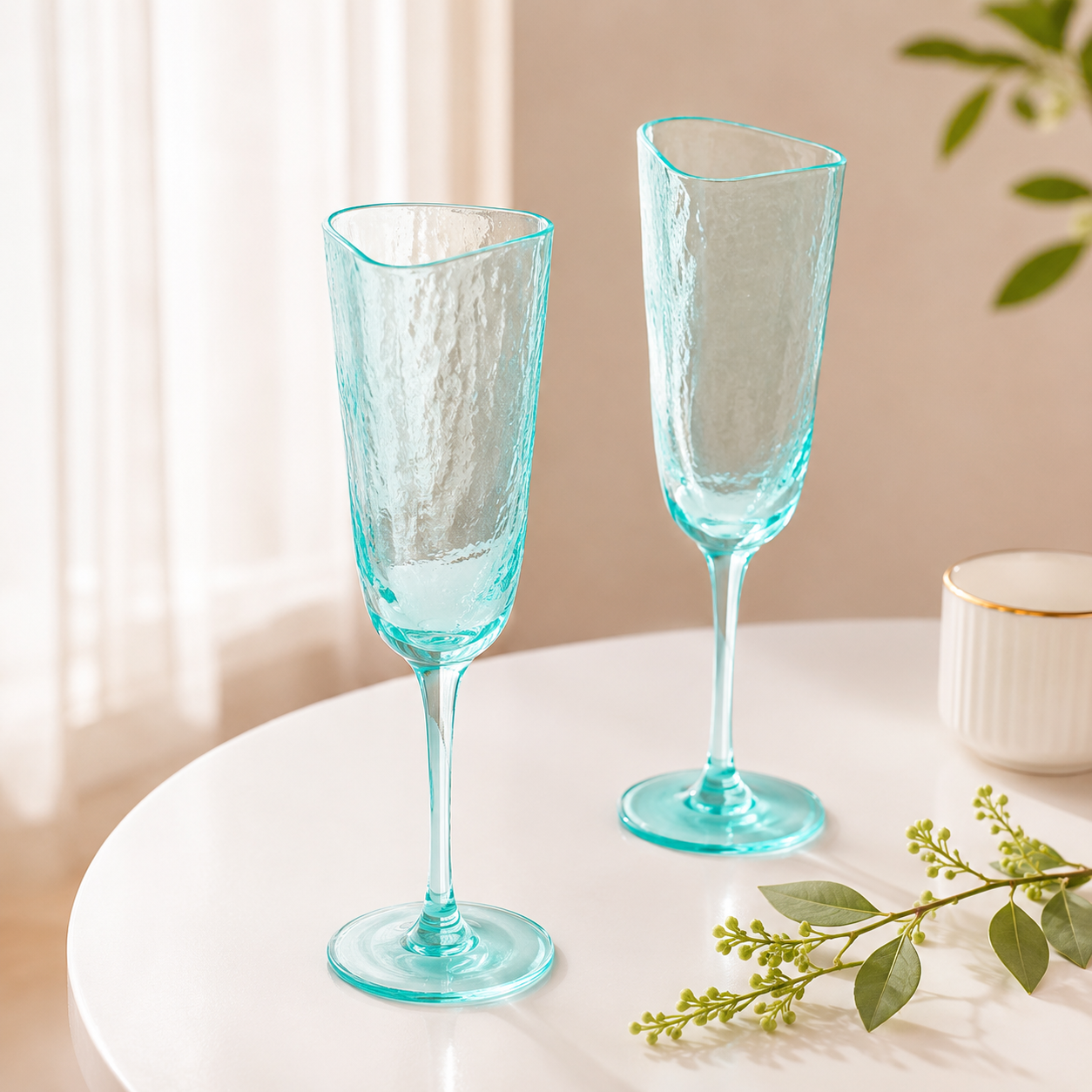 Turquoise Champagne Flute Stemware, Hammered Style