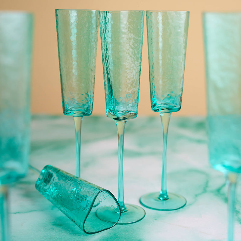 Turquoise Champagne Flute Stemware, Hammered Style