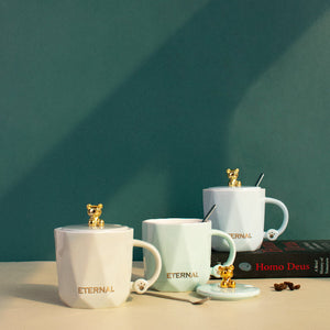 Cute Teddy Coffee Cup With Lid & Spoon Coffee Mugs June Trading