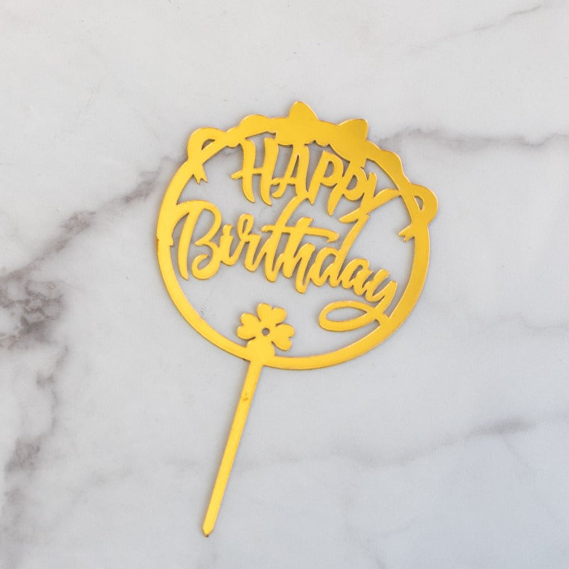 Bow & Flower Gold Cake Topper - Happy Birthday Cake Toppers June Trading