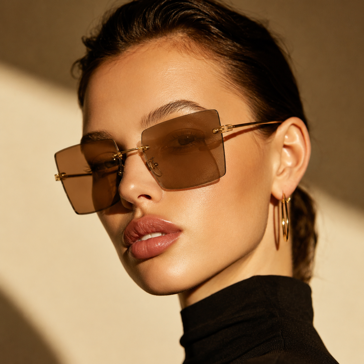 Oversized Half Rim Brown Tint Sunglass