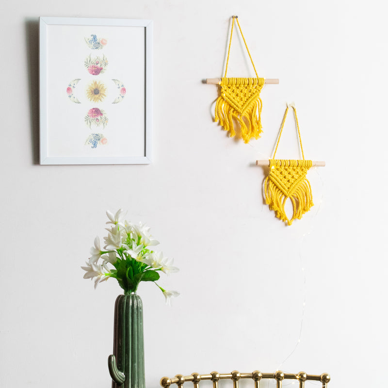 Set Of 2 Mustard Macrame Handmade Wall Hanging WIth Fairy Lights Macrame June Trading