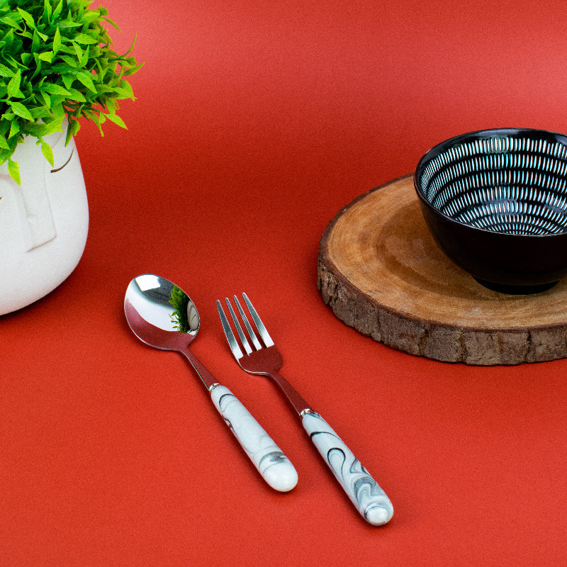 Spoon & Fork Set - White & Black Marble Tone Cutlery June Trading Spoon & Fork Set