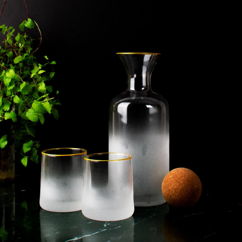 Luxe Revelry Decanter Frosted Glass Set Glasses June Trading