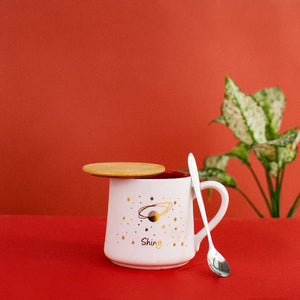 Starry Night - Red, White & Gold Ceramic Mug WIth Wooden Lid & Spoon Coffee Mugs June Trading Shiny