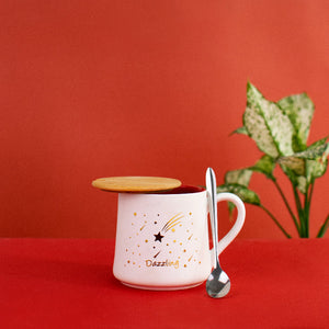 Starry Night - Red, White & Gold Ceramic Mug WIth Wooden Lid & Spoon Coffee Mugs June Trading Dazzling
