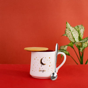 Starry Night - Red, White & Gold Ceramic Mug WIth Wooden Lid & Spoon Coffee Mugs June Trading Bright