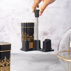 Ornate On Black Salt & Pepper Shaker Set & Stand Seasoning Containers The June Shop