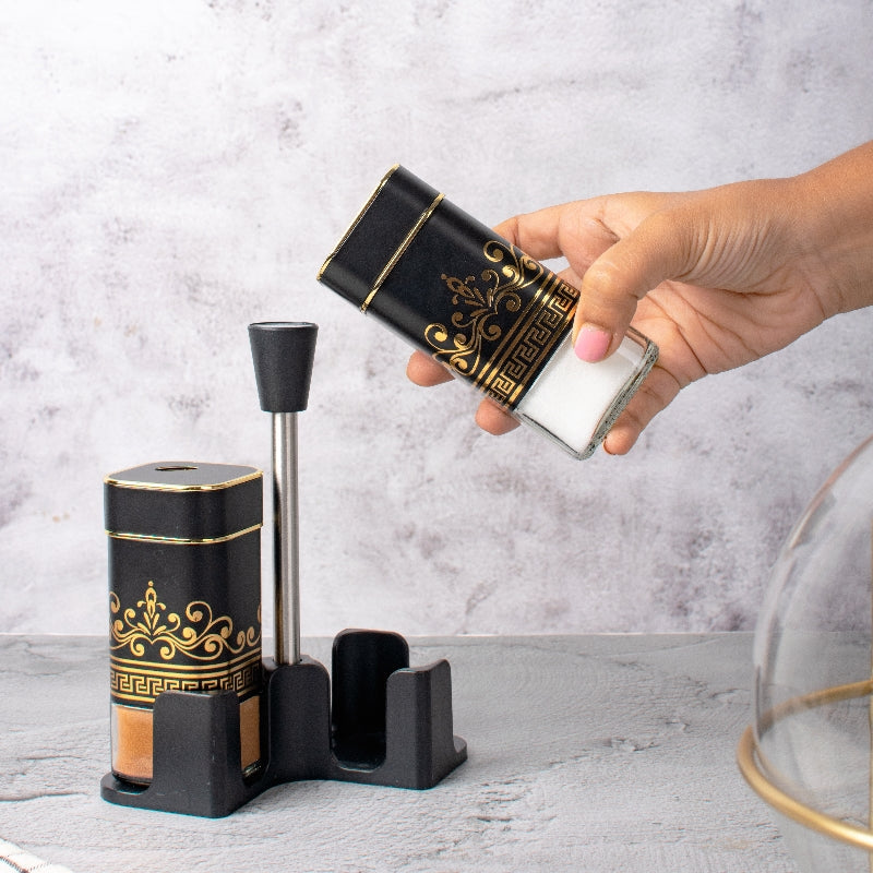 Ornate On Black Salt & Pepper Shaker Set & Stand Seasoning Containers The June Shop
