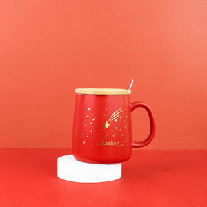 Crimson Red Starry Night Ceramic Mug With Wooden Lid & Spoon Coffee Mugs June Trading Dazzling
