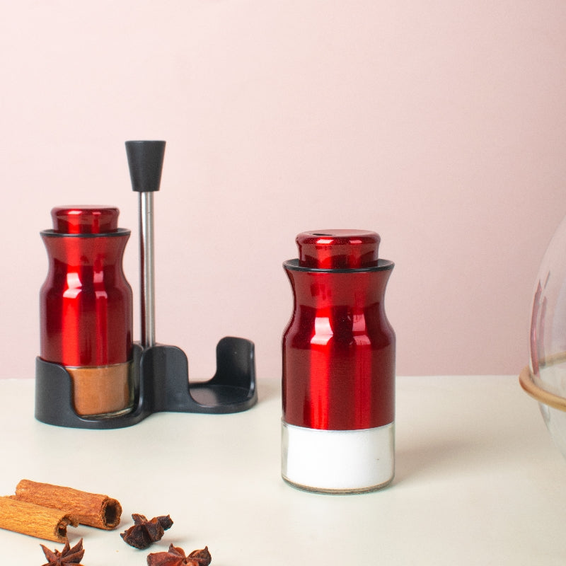 Royal Red Salt & Pepper Shaker Set & Stand Seasoning Containers The June Shop