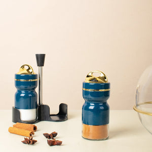 Teal Gold Salt & Pepper Shaker Set & Stand Seasoning Containers The June Shop