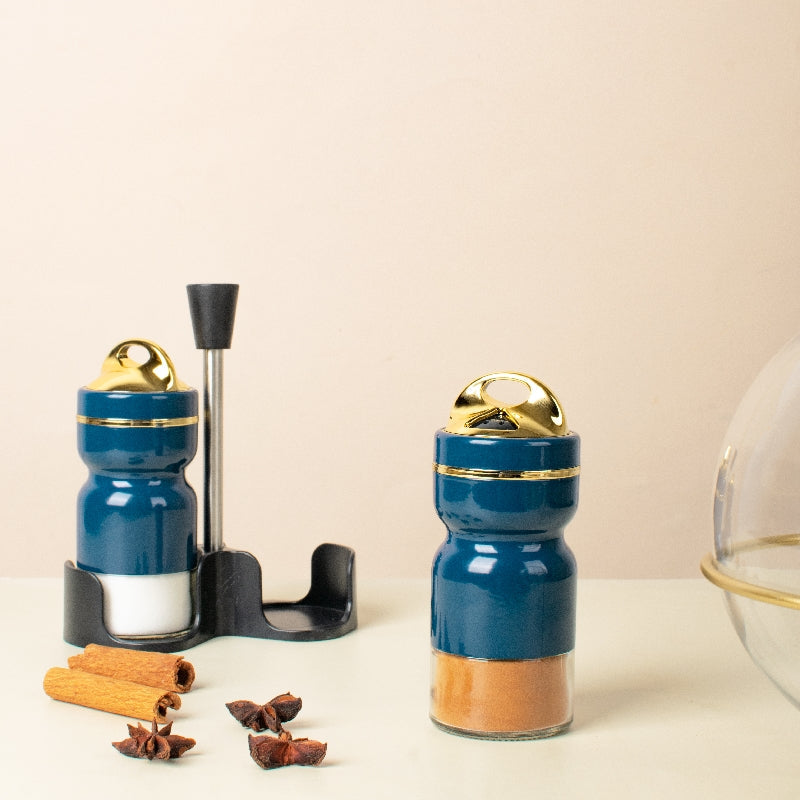 Teal Gold Salt & Pepper Shaker Set & Stand Seasoning Containers The June Shop