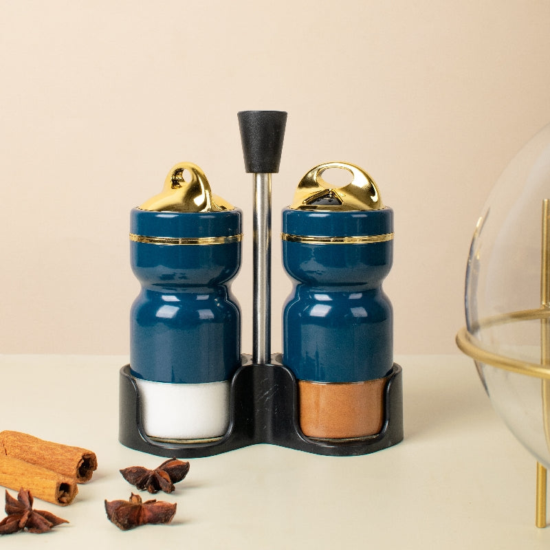 Teal Gold Salt & Pepper Shaker Set & Stand Seasoning Containers The June Shop