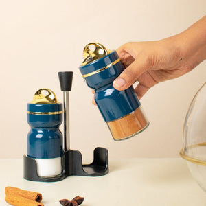 Teal Gold Salt & Pepper Shaker Set & Stand Seasoning Containers The June Shop