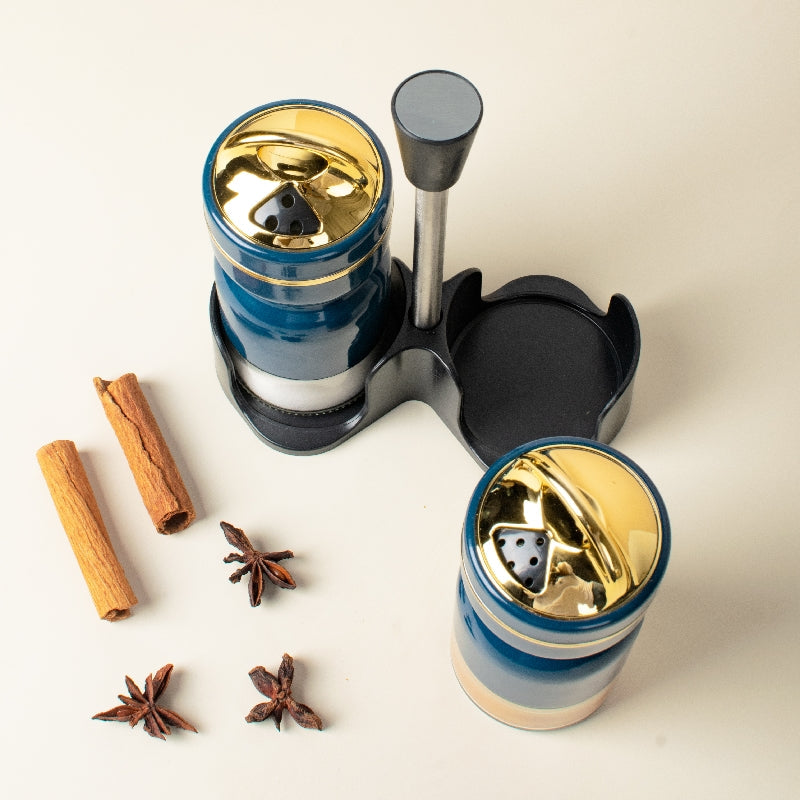 Teal Gold Salt & Pepper Shaker Set & Stand Seasoning Containers The June Shop
