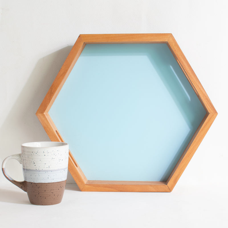 Wooden Hexagonal Serving Tray Serving Tray June Trading Pastel Blue
