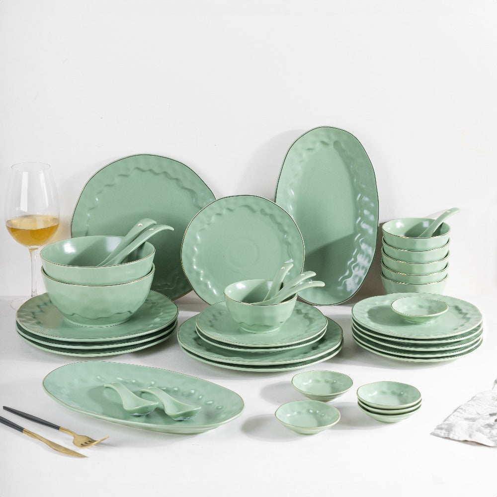 Merak Gold Rim 36 Piece Luxury Dinner Set | Fern Green