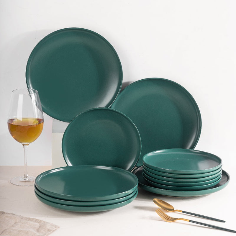 Matte Texture Ceramic 12 Pieces Dinnerware Set - Forest Green