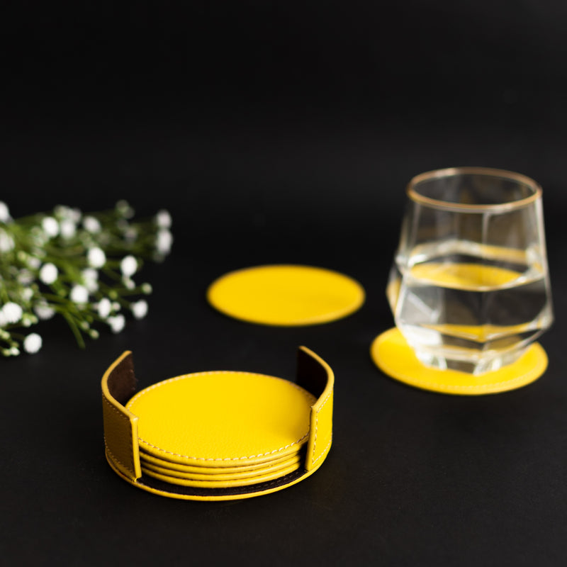 Set of 6 Leather Coasters With Holder Coasters June Trading Lemon Yellow