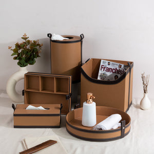 Caramel Brown Vegan Leather Storage Home Organizers Desk Organisers June Trading Complete Set Of 5