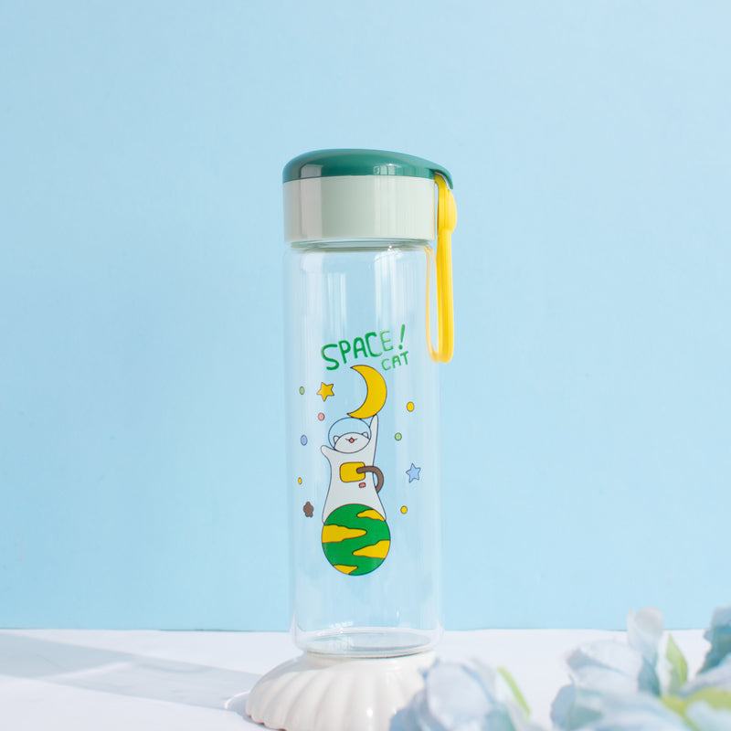 Playful Space Cat Transparent Glass Water Bottle Bottles June Trading