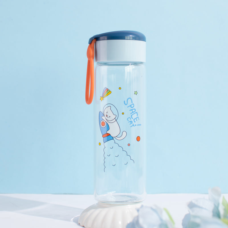 Playful Space Cat Transparent Glass Water Bottle Bottles June Trading Azure Blue