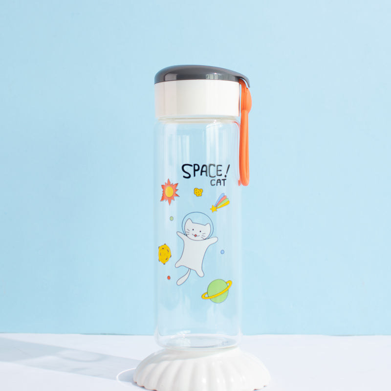 Playful Space Cat Transparent Glass Water Bottle Bottles June Trading Pigeon Grey
