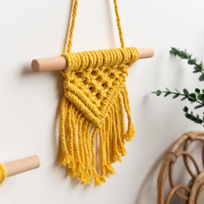 Set Of 2 Mustard Macrame Handmade Wall Hanging WIth Fairy Lights Macrame June Trading