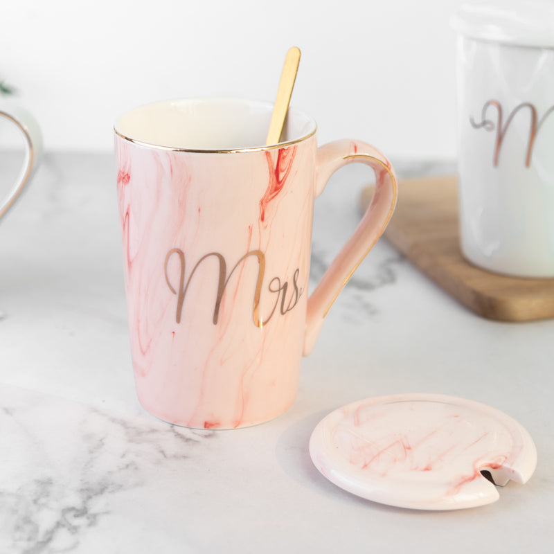 Elegant Mr. & Mrs. Marble Coffee Mug With Lid Coffee Mugs June Trading Mrs. Pink