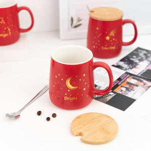 Crimson Red Starry Night Ceramic Mug With Wooden Lid & Spoon Coffee Mugs June Trading