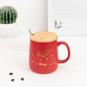 Crimson Red Starry Night Ceramic Mug With Wooden Lid & Spoon Coffee Mugs June Trading