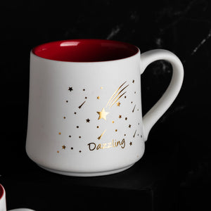 Starry Night - Red, White & Gold Ceramic Mug WIth Wooden Lid & Spoon Coffee Mugs June Trading