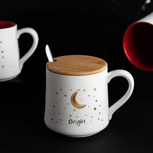 Starry Night - Red, White & Gold Ceramic Mug WIth Wooden Lid & Spoon Coffee Mugs June Trading