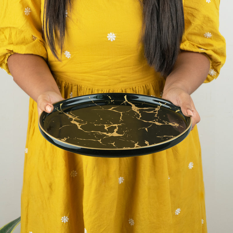 Gold On Black Marble Pattern Dinner Plate (9 Inches) Dinner Plates June Trading