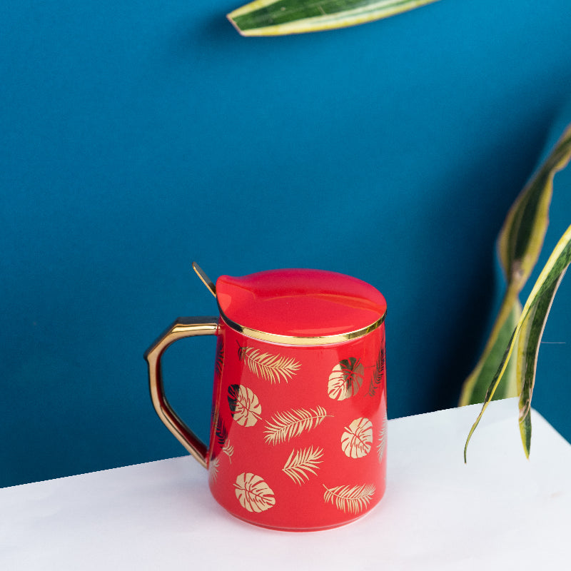 Ornate Accent Mug With Lid & Spoon Coffee Mugs June Trading Tropical Leaves Red