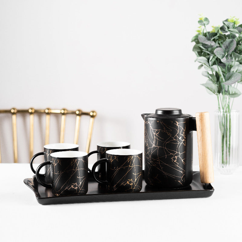 Gold Marble Pattern Tea Cup with Tea Pot Set Tea & Coffee Sets June Trading 4 Tea Cups & Serving Pot (with Tray)