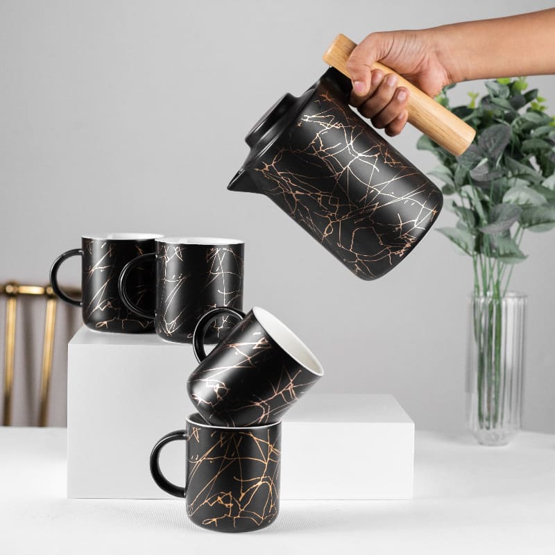 Gold Marble Pattern Tea Cup with Tea Pot Set Tea & Coffee Sets June Trading