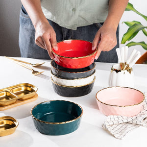 Hammered Textured Gold Rim Salad Bowl (Set of 2) Pasta Bowl June Trading