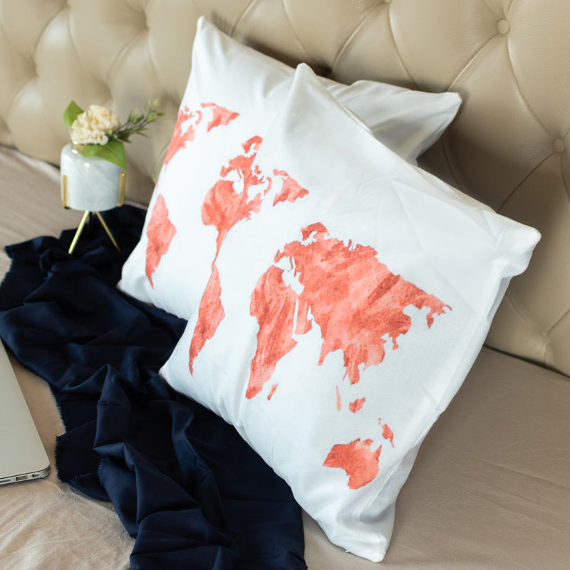 World Map Cushion Covers (Orange & White) (Set of 2) Cushion Cover June Trading