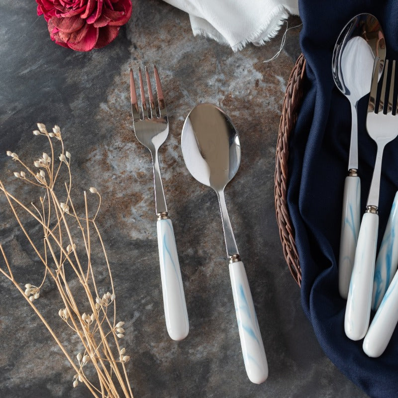 Spoon & Fork Set - White & Blue Cutlery June Trading