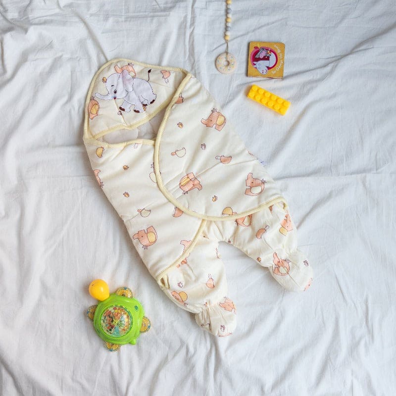 Elephant Printed & Hooded Baby Swaddle Baby Swaddle June Trading Butter Yellow