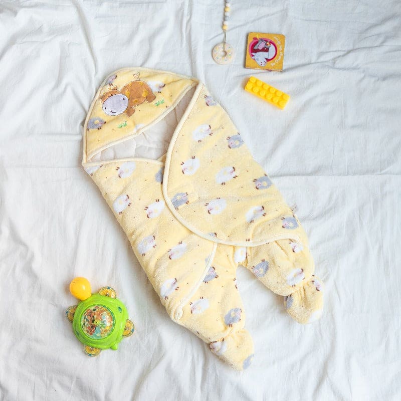Sheep Printed & Hooded Baby Swaddle Baby Swaddle June Trading Canary Yellow