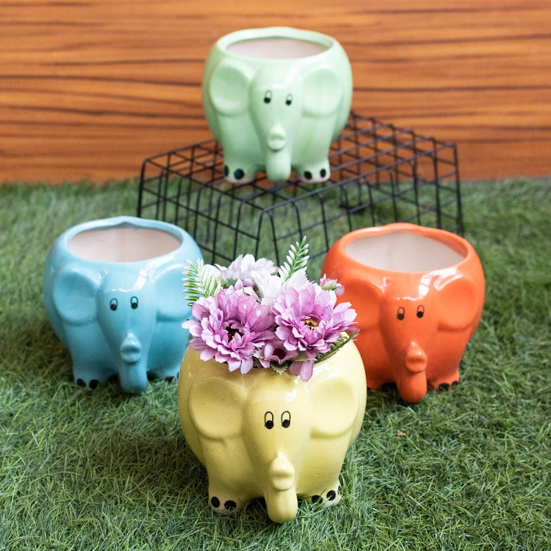 Cute Elephant Planter - Hand Painted Mini Resin Pot Planters June Trading