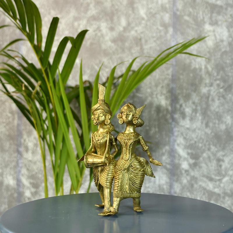 Artisanal Brass Dhokra Sculpture: Tribal Couple With Dhol
