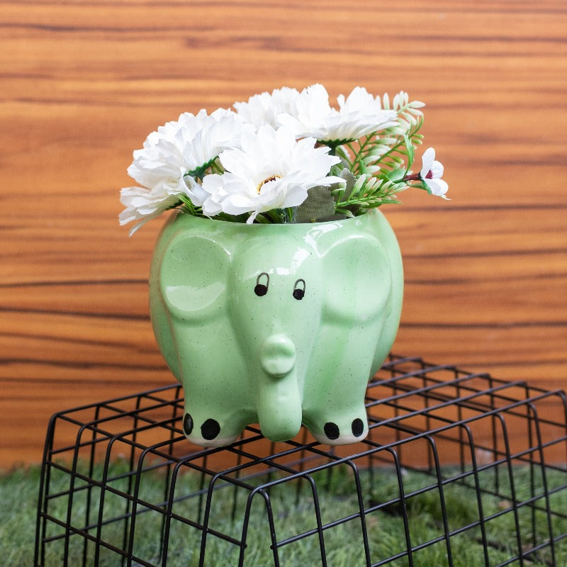 Cute Elephant Planter - Hand Painted Mini Resin Pot Planters June Trading Mint Green