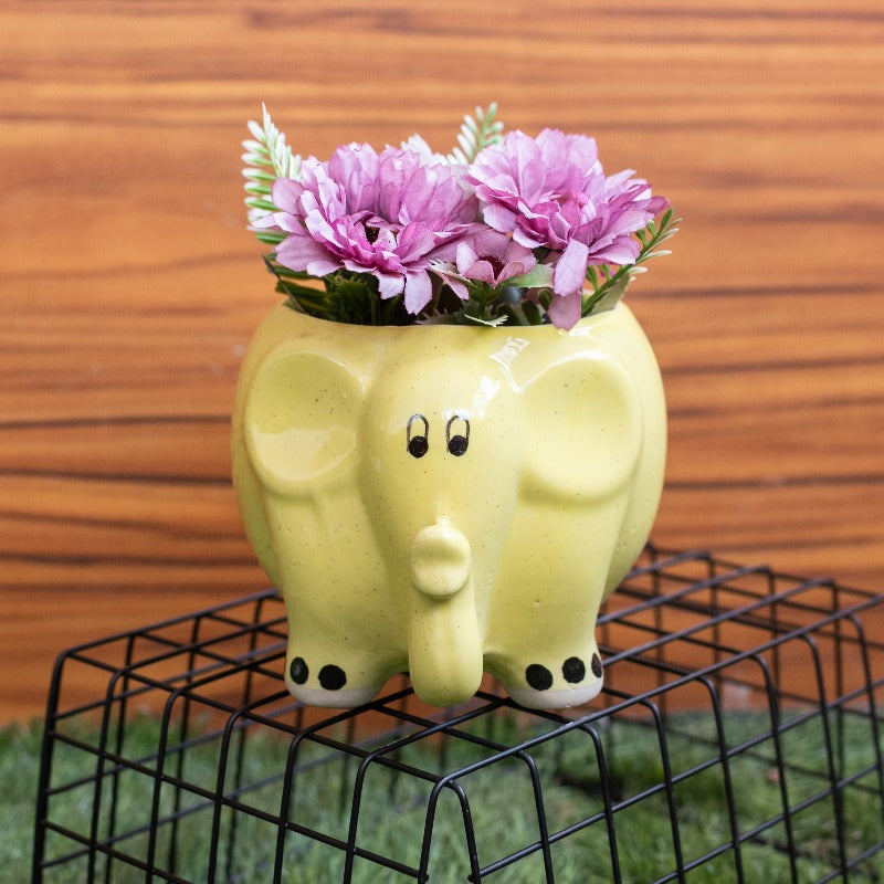 Cute Elephant Planter - Hand Painted Mini Resin Pot Planters June Trading Corn Yellow